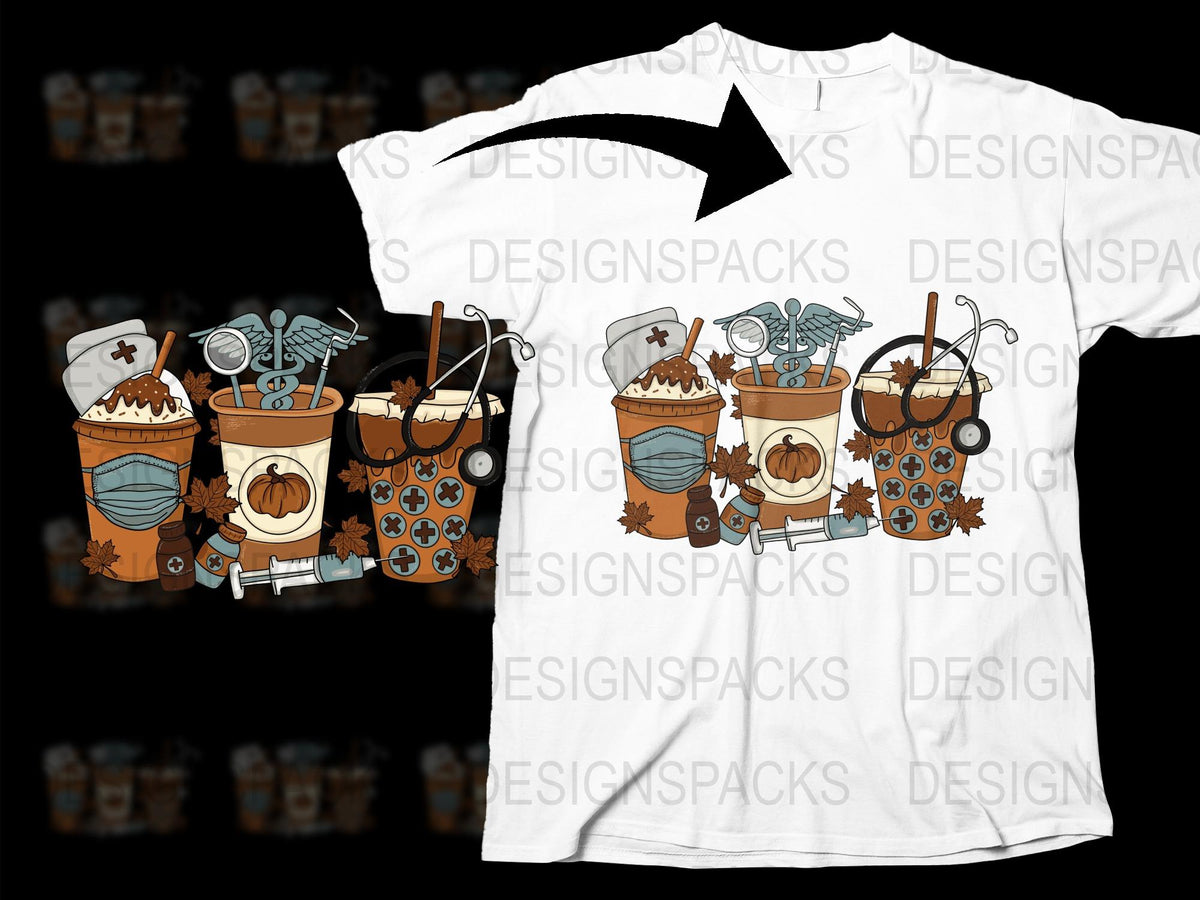 Autumn Themed T-Shirt, Coffee Cups and Pumpkins, Fall Seasonal Apparel, Graphic Tee Design