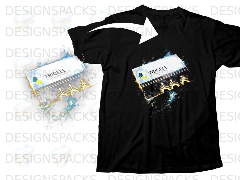 Black t-shirt with a "Tricell Unlimited Life Energy" graphic featuring abstract, glowing elements.
