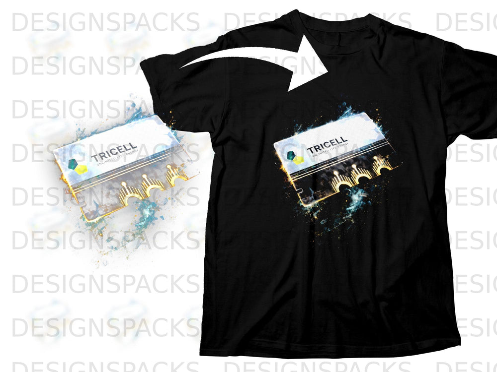 Black t-shirt with a "Tricell Unlimited Life Energy" graphic featuring abstract, glowing elements.