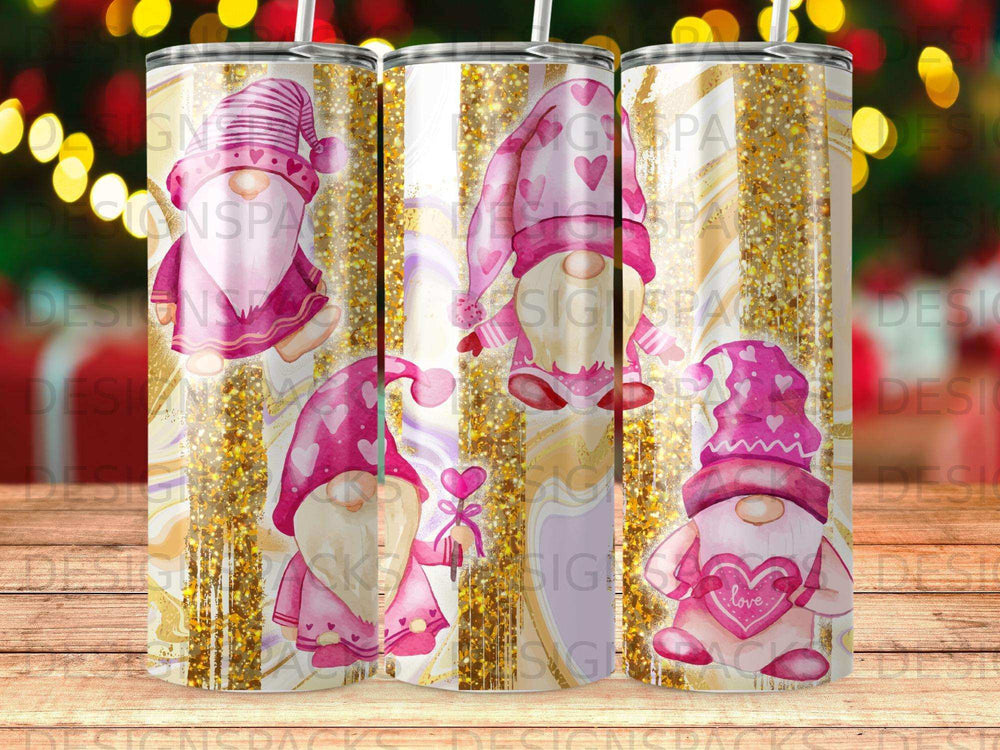 Pink gnomes with hearts and hearts on a sparkly gold background.