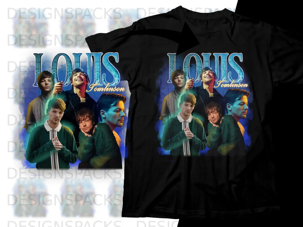 Louis Tomlinson graphic t-shirt with multiple portraits and neon text.