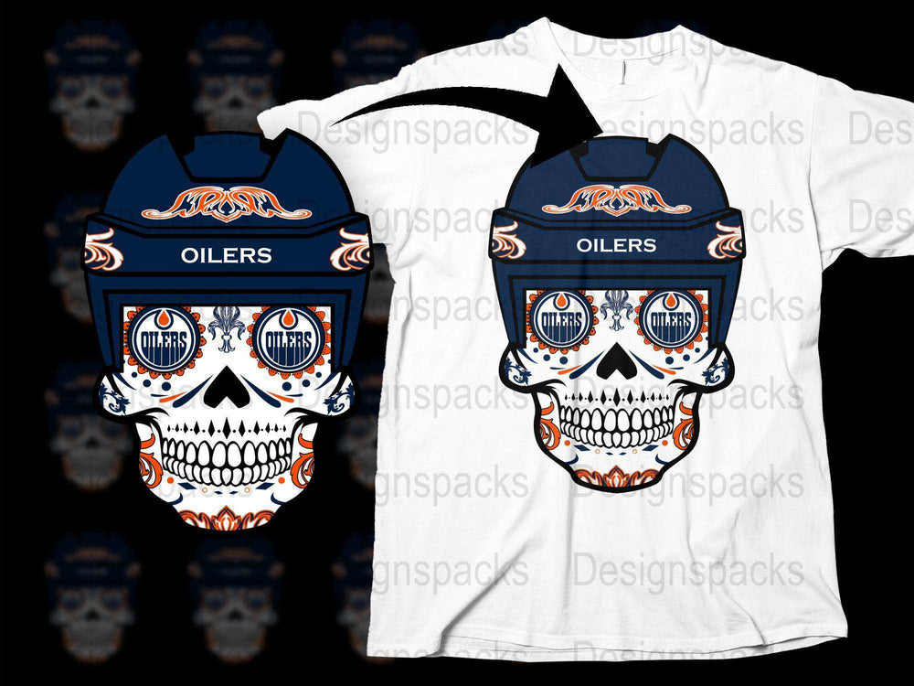 Skull Graphic T-Shirt, Oilers Fan Wear, Unique Sugar Skull Design, Men's White Tee
