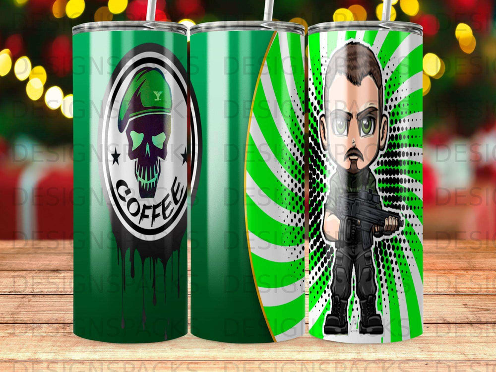 Green skull with "Y" and "COFFEE" drips next to cartoon soldier.