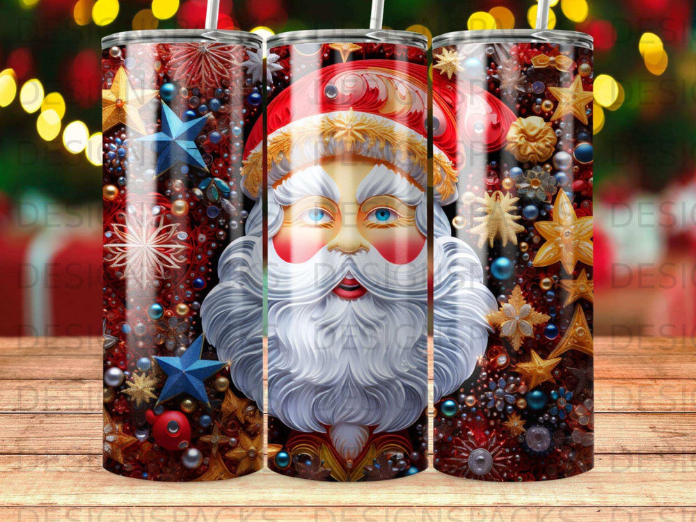Santa Claus with festive stars and ornaments on a tumbler.