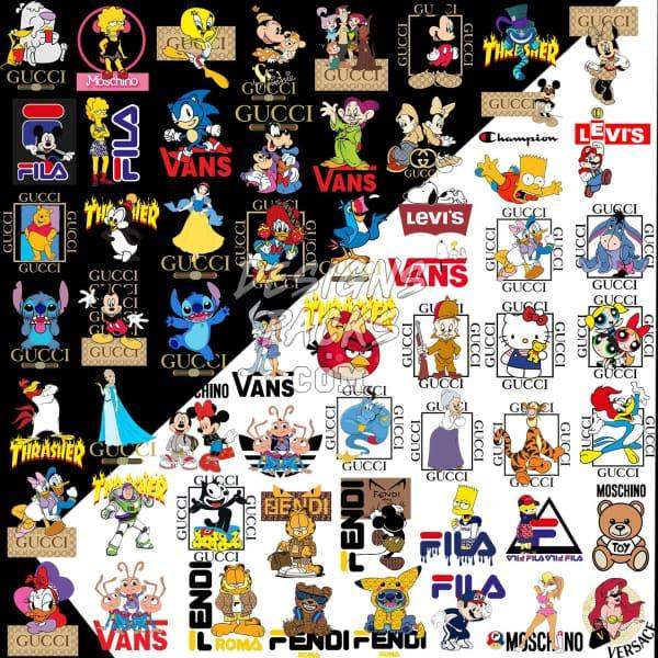 Print-ready DTF DTG designs featuring Disney, Gucci, Vans, Fila, Moschino, and more for t-shirts & apparel