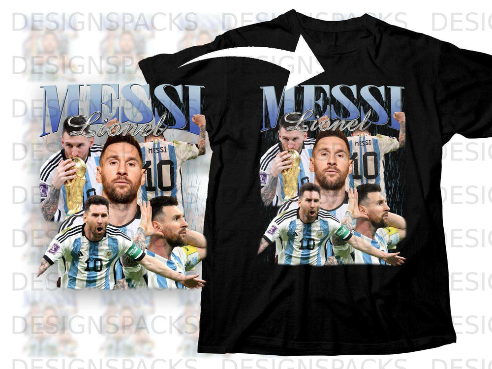 Lionel Messi t-shirt featuring multiple portraits and the number 10.