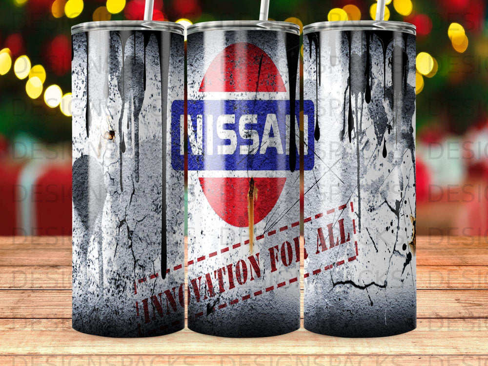 Nissan logo and "Innovation for All" text on a grunge-textured tumbler.