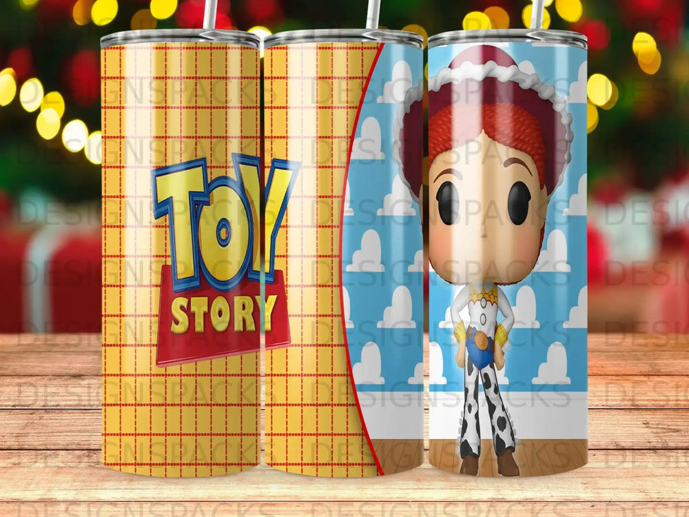 Toy Story tumbler with Woody character and plaid pattern.