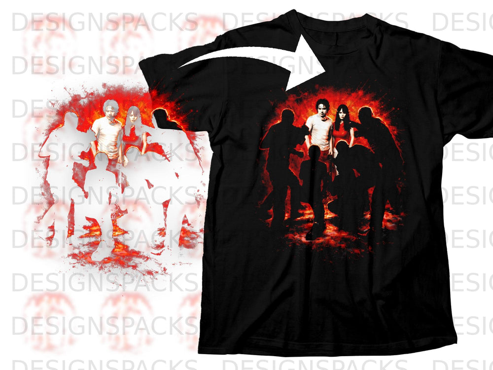 Black t-shirt with a group of silhouetted figures in front of a red, fiery background.