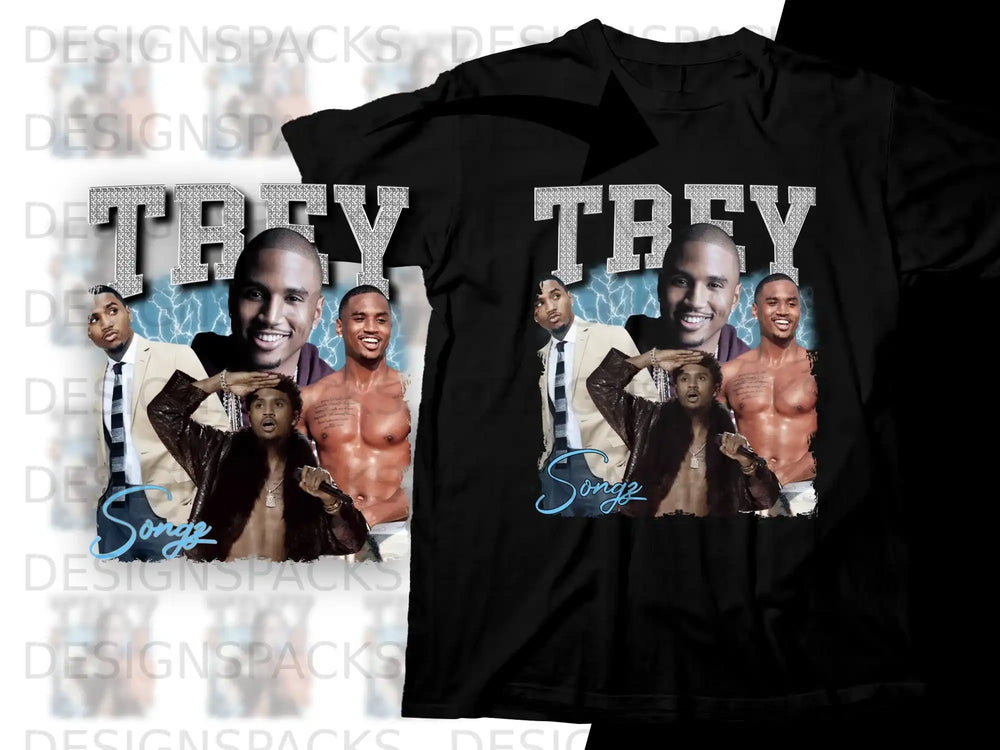 Trey Songz collage on black t-shirt.
