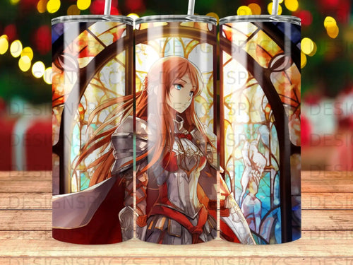 Anime warrior woman in ornate armor with red hair, stained glass background.