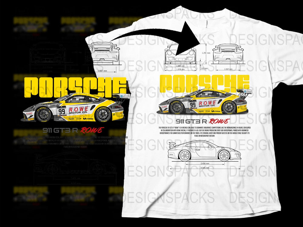 Porsche 911GT3 Rowe Racing T-shirt, Yellow Car Graphic Tee, Motorsport Fan Apparel