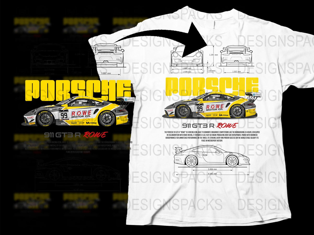 Porsche 911GT3 Rowe Racing T-shirt, Yellow Car Graphic Tee, Motorsport Fan Apparel