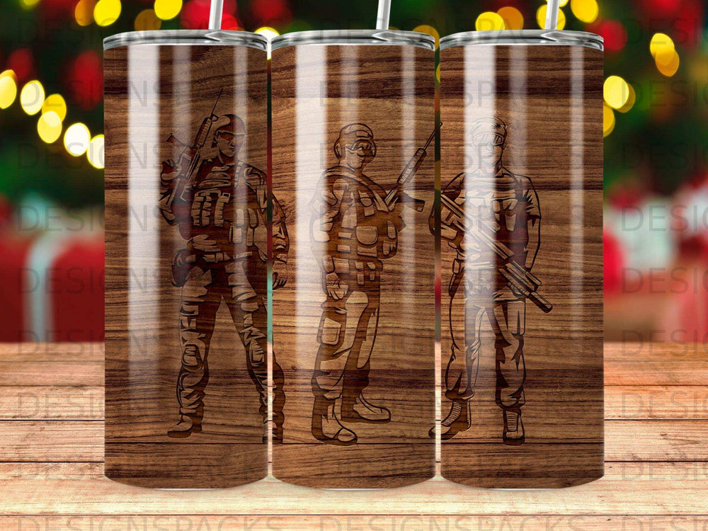 Three soldiers in camouflage gear stand against a wood grain background.