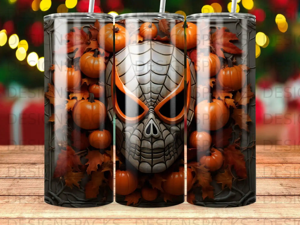 Spiderman mask and pumpkins on a Halloween-themed tumbler.