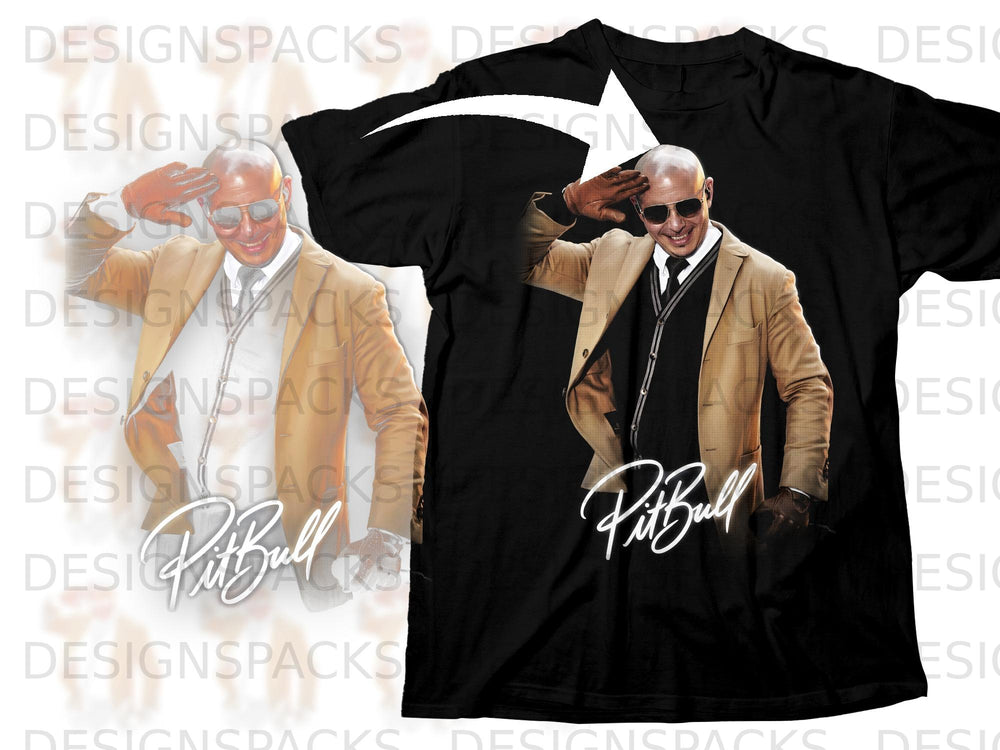Black t-shirt with Pitbull graphic, saluting and wearing sunglasses and a tan suit.