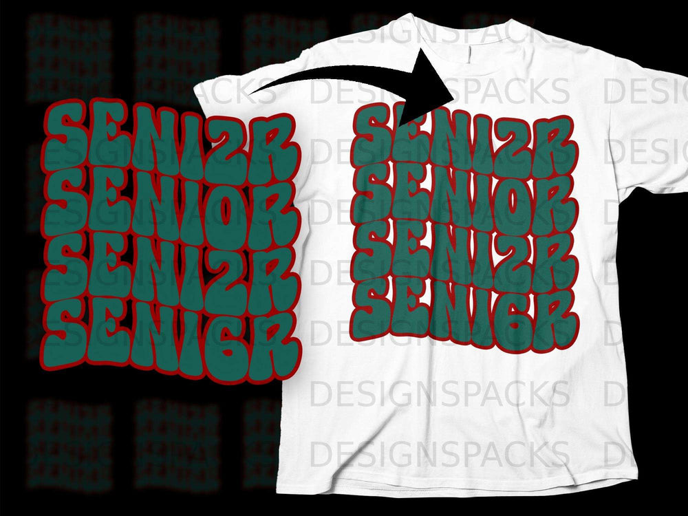 Green retro "SENIOR" text on a white t-shirt.