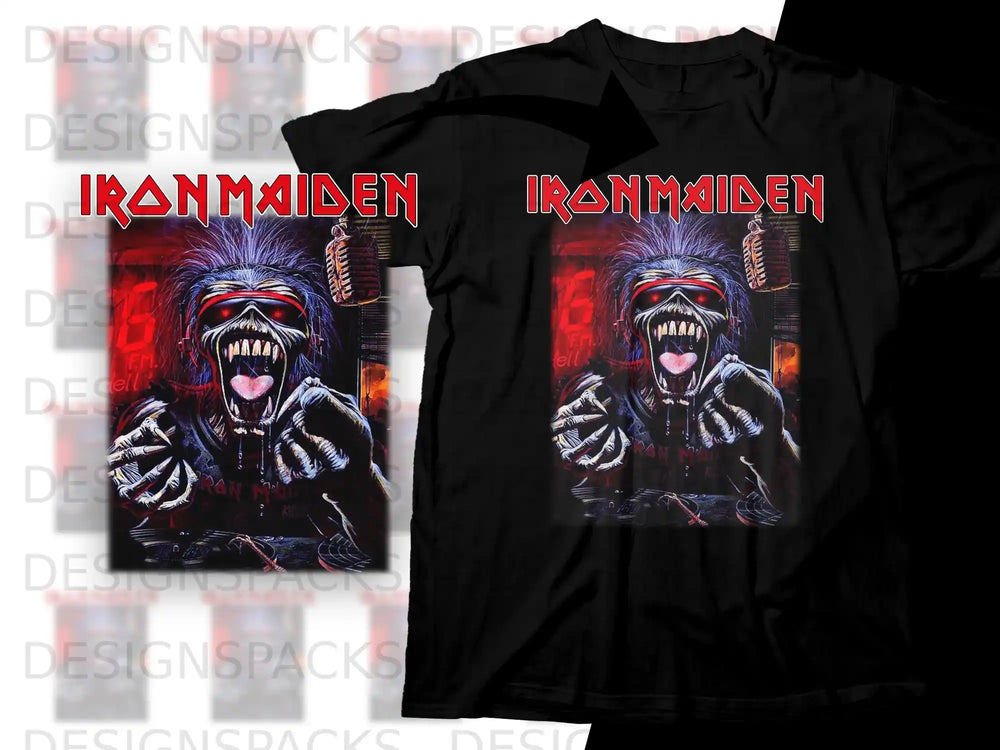 Black t-shirt featuring Iron Maiden Eddie mascot with detailed, snarling face and glowing eyes.