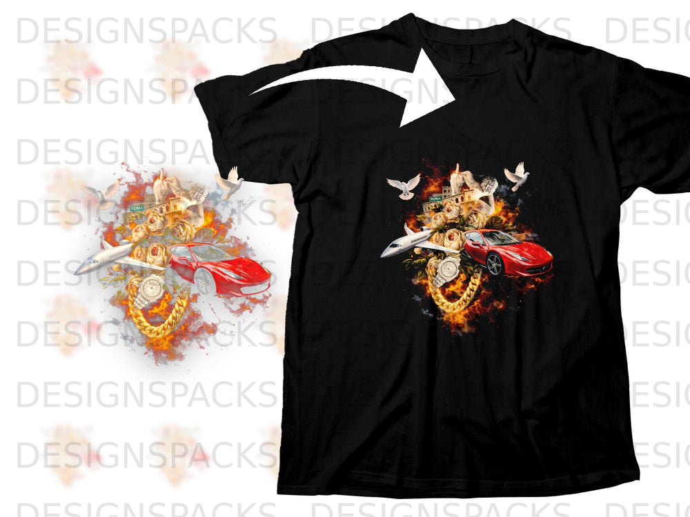 Red sports car, airplane, doves, roses, and gold chain on black t-shirt.