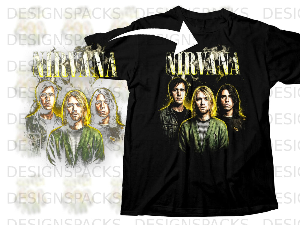 Nirvana band members artwork on a black t-shirt.