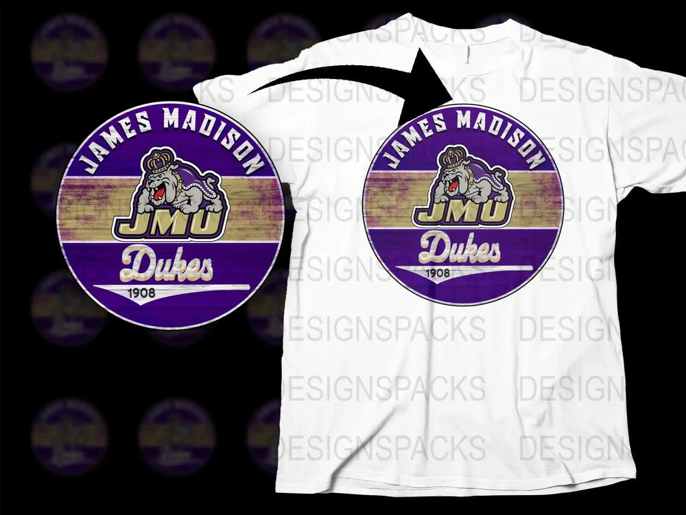 James Madison University JMU Dukes Logo T-Shirt, Vintage Style College Apparel, Sports Fan Tee, 1908 Graphic Design, Purple White