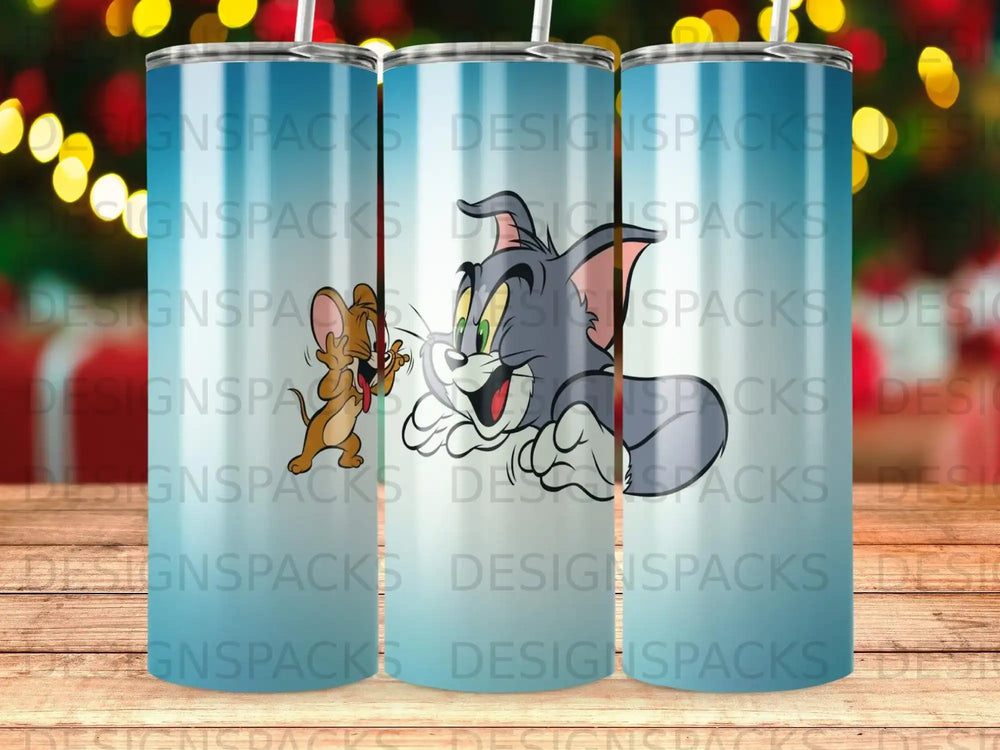 Tom and Jerry cartoon characters on a blue gradient background tumbler.