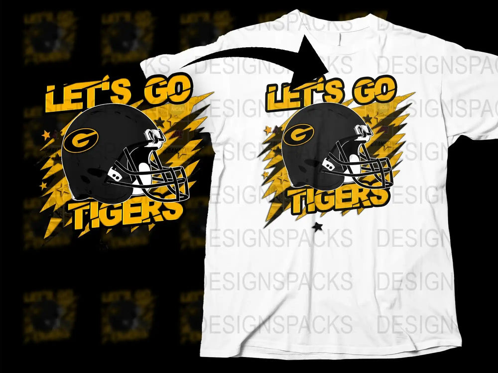 Let's Go Tigers Football Graphic T-Shirt, Yellow and Black Sports Tee, High School Team Support Shirt, Athletic Apparel