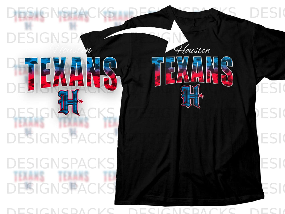 Black t-shirt with Houston Texans logo and camouflage text.