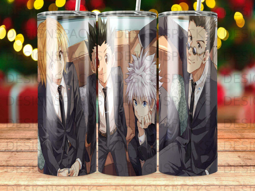 Anime characters Gon, Killua, and Kurapika in suits on a tumbler.