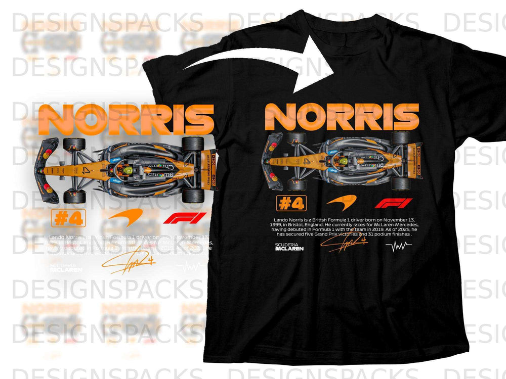 Black t-shirt featuring Lando Norris F1 car and driver graphic with #4.