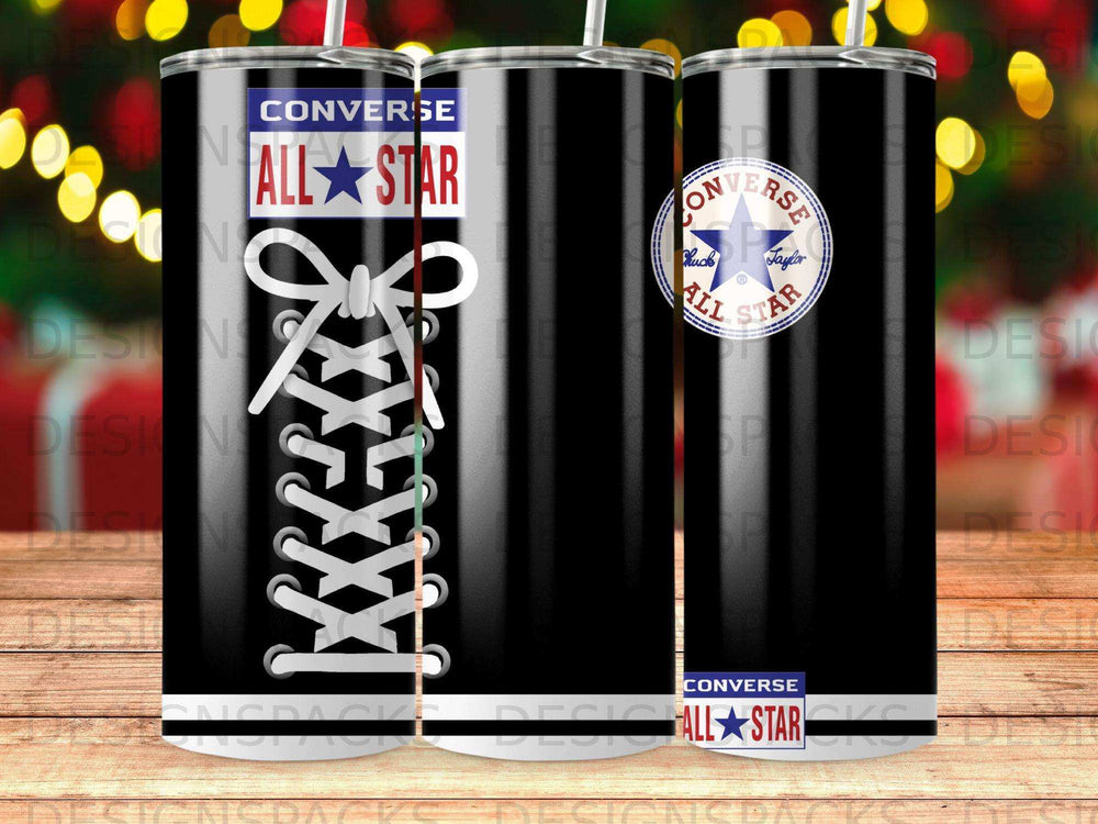Black tumbler with white Converse All-Star logo and laces design.