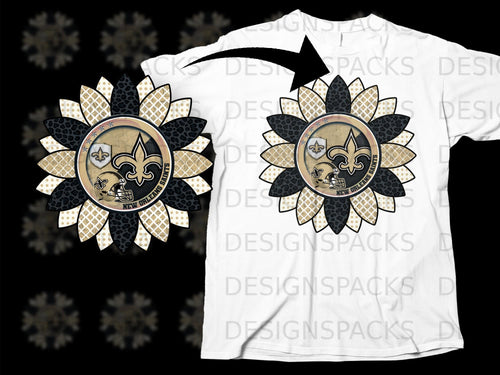 New Orleans Saints sunflower graphic with gold, black, and leopard print on a white t-shirt.