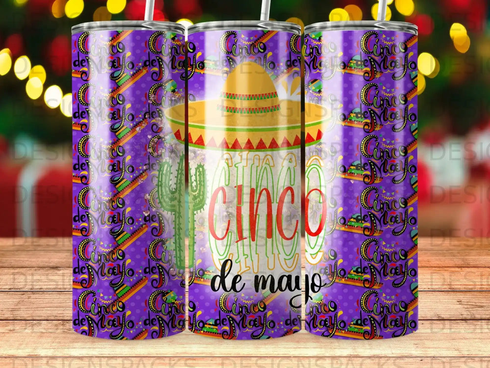 Tumbler with Cinco de Mayo pattern featuring cacti and sombrero.