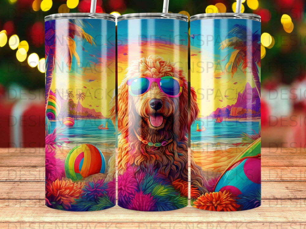 Dog in sunglasses at beach with colorful flowers and beach ball.