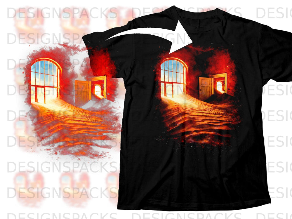 Black t-shirt with surreal desert landscape and arched window graphic.