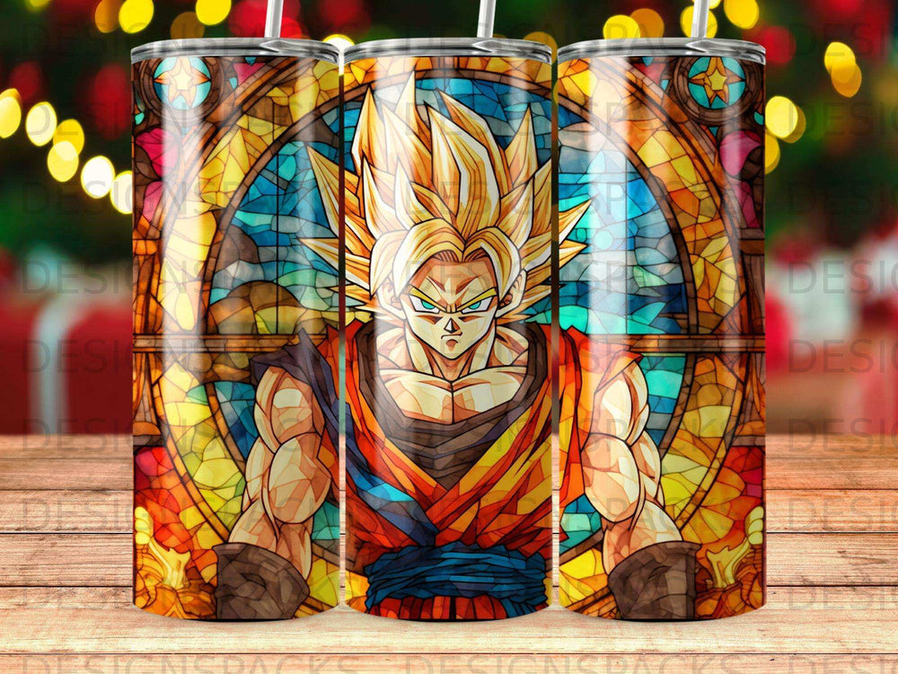 Goku from Dragon Ball Z depicted in a stained-glass style on a tumbler.