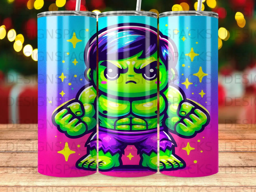 Hulk character on a blue and pink gradient tumbler with scattered stars.