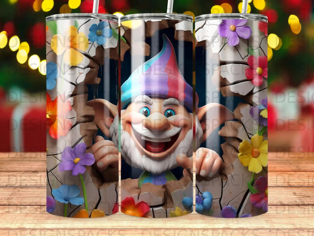 Gnome peeking through cracked wall with colorful flowers.