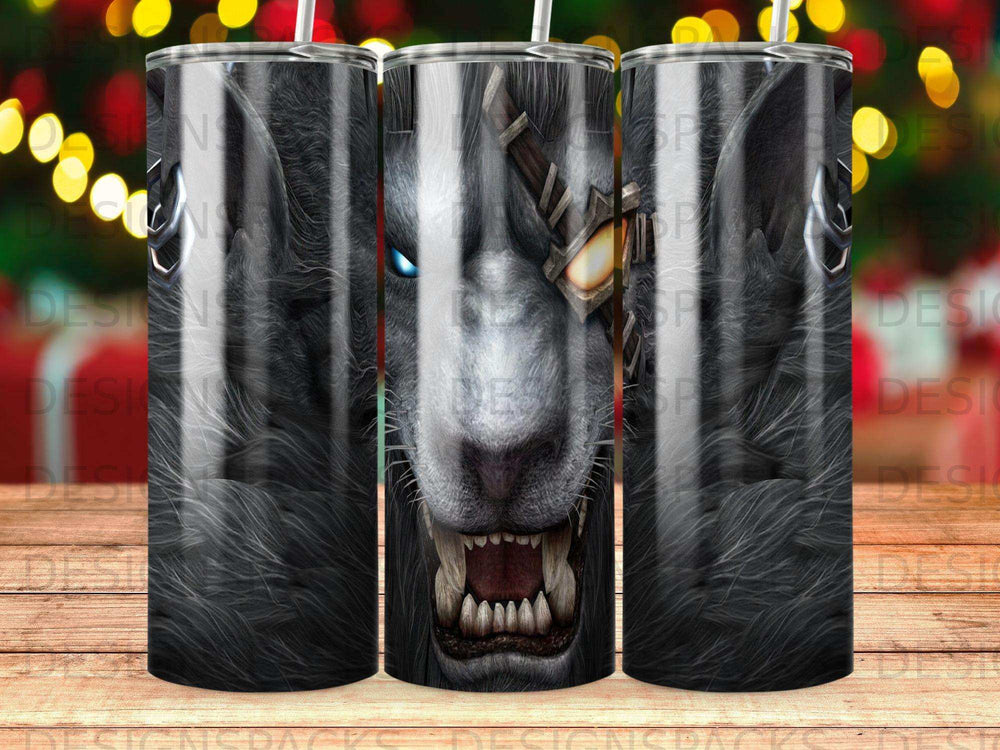 Wolf's snarling face with glowing blue eye and cybernetic enhancements.