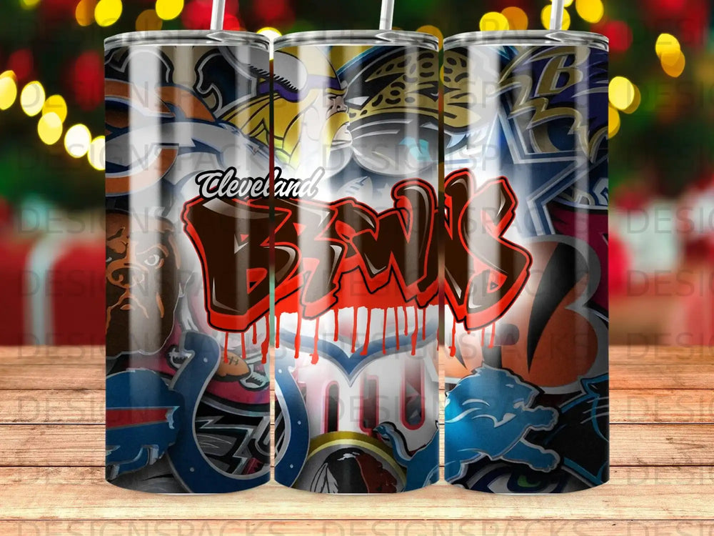 Cleveland Browns logo dripping over a collage of sports team logos.