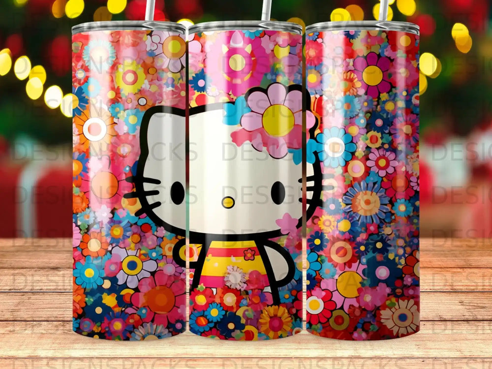 Hello Kitty on a colorful floral pattern tumbler.