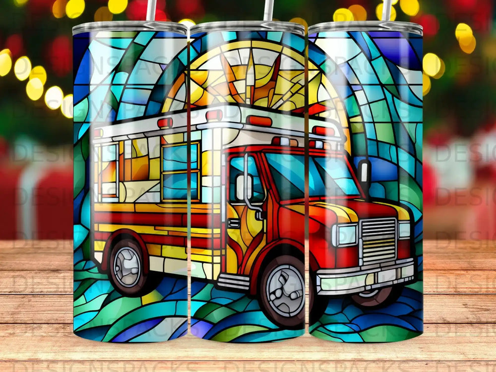 Stained glass ambulance design on a tumbler, with colorful glass panes and mosaic patterns.