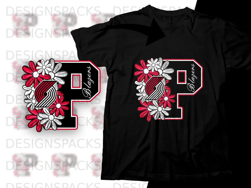 Black t-shirt with large red, white, and black "P" logo filled with floral pattern.