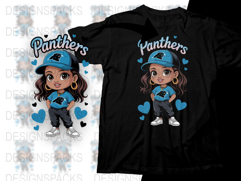 Cute Panthers Fan T-Shirt, Cartoon Girl Graphic, Blue Hearts Design, Kids Sports Apparel