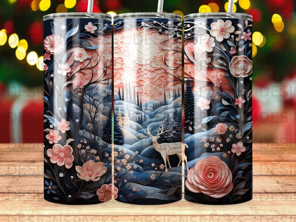 Winter forest scene with deer, flowers, and castle.