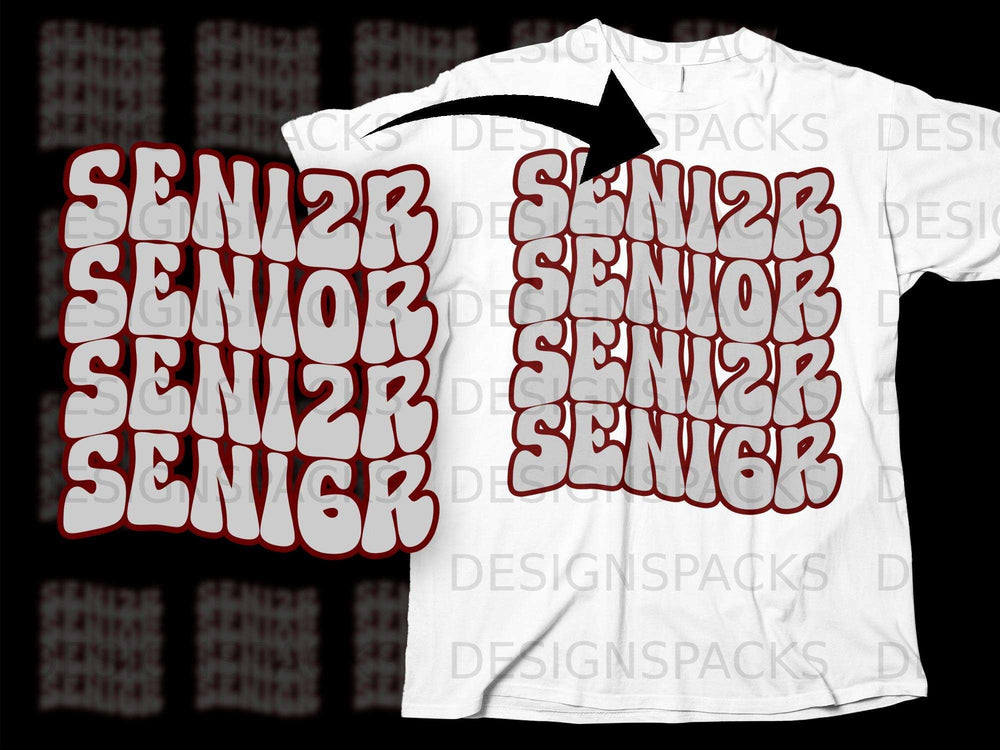 White t-shirt with bold, retro "SENIOR" text design in red and gray.