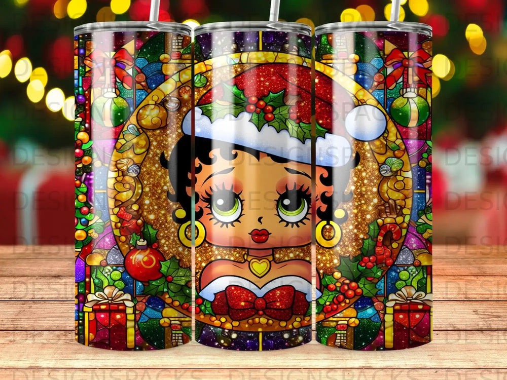 Betty Boop in festive Christmas attire on a stained-glass background with gifts.