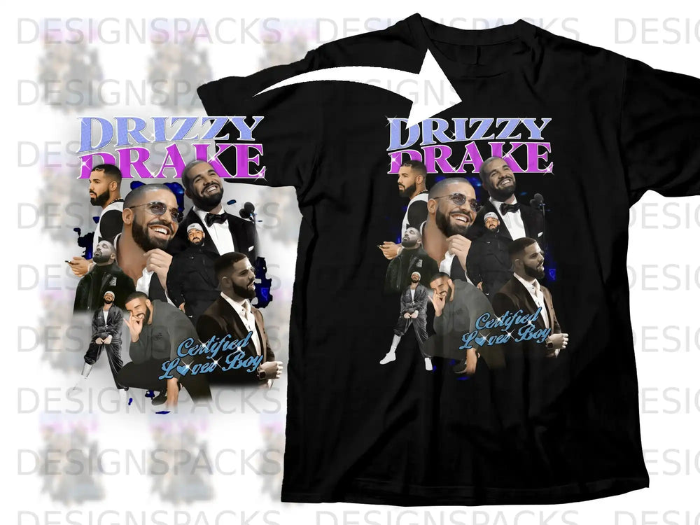 Black t-shirt with collage of Drake images and "Certified Lover Boy" text.