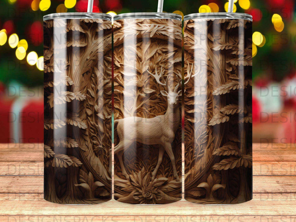 Deer in carved woodland scene on a tumbler.