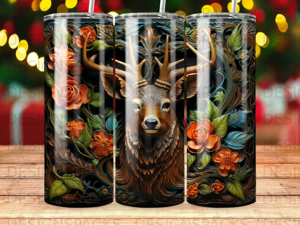 Deer head with floral and wood grain patterns on a tumbler.